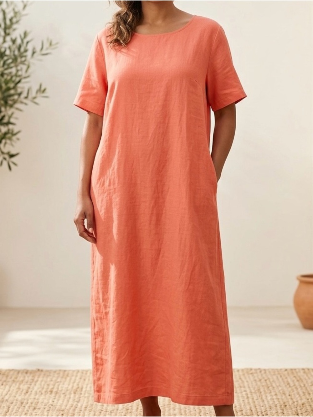 VTG 90s Adolfo Studio Linen Coral Maxi Dress 24WP Lagenlook